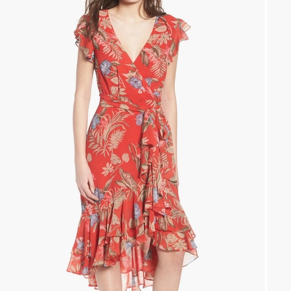 WAYF Clara Wrap Dress Botanical Red Print Floral High Low Ruffle Hem Size Medium - Picture 2 of 16
